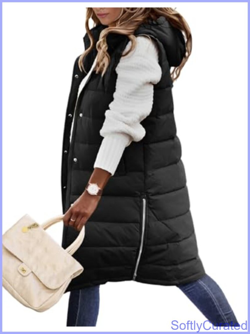 Long Hooded Puffer Vest Sleeveless Zip Up Thermal Winter Warm